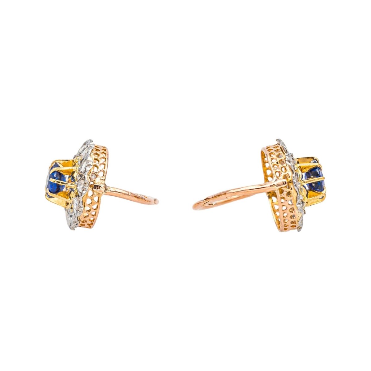 Boucles d'oreilles Dormeuses en or rose, platine, saphirs et diamants - Castafiore