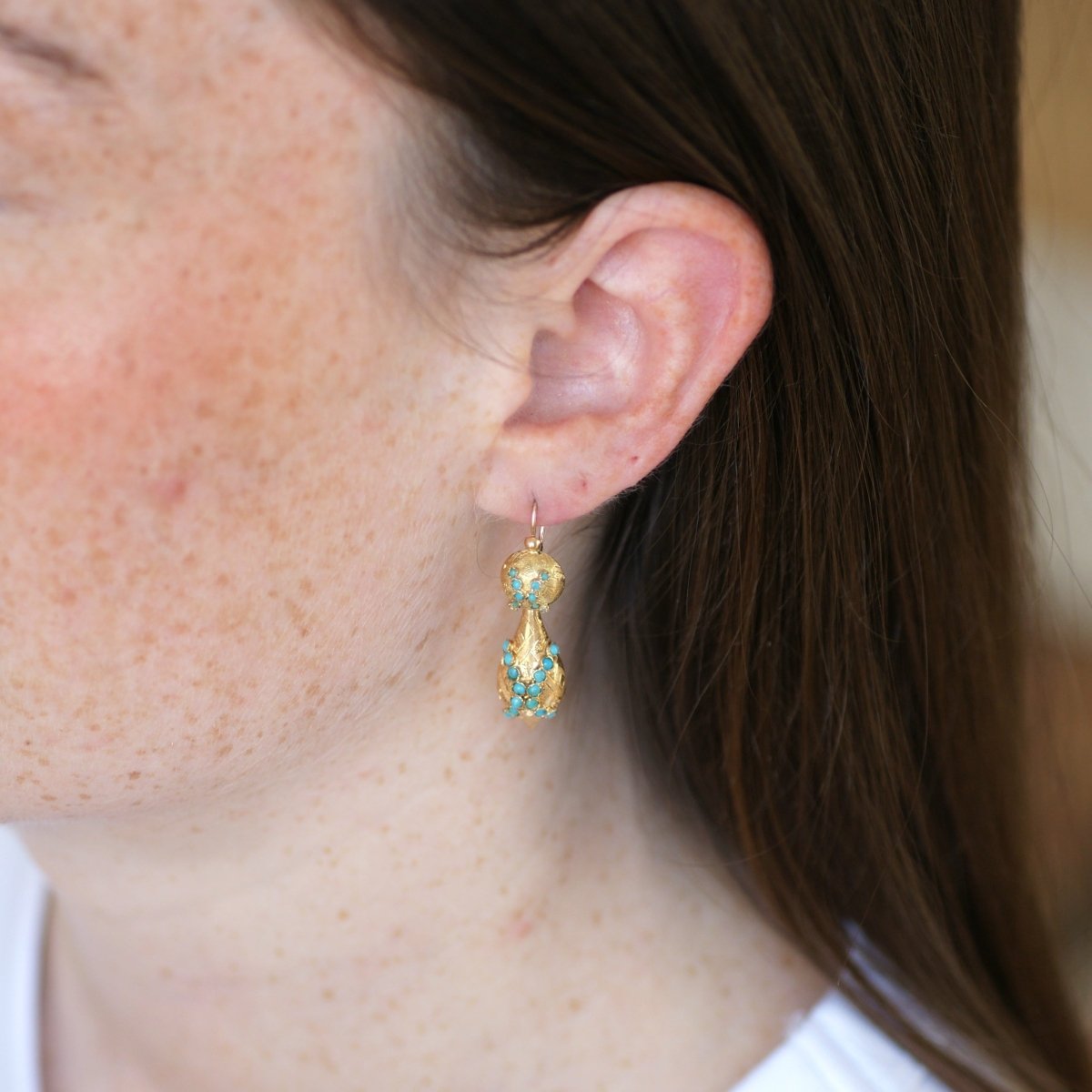 Boucles d'Oreilles Dormeuses Goutte en Or Jaune et Turquoise - Castafiore