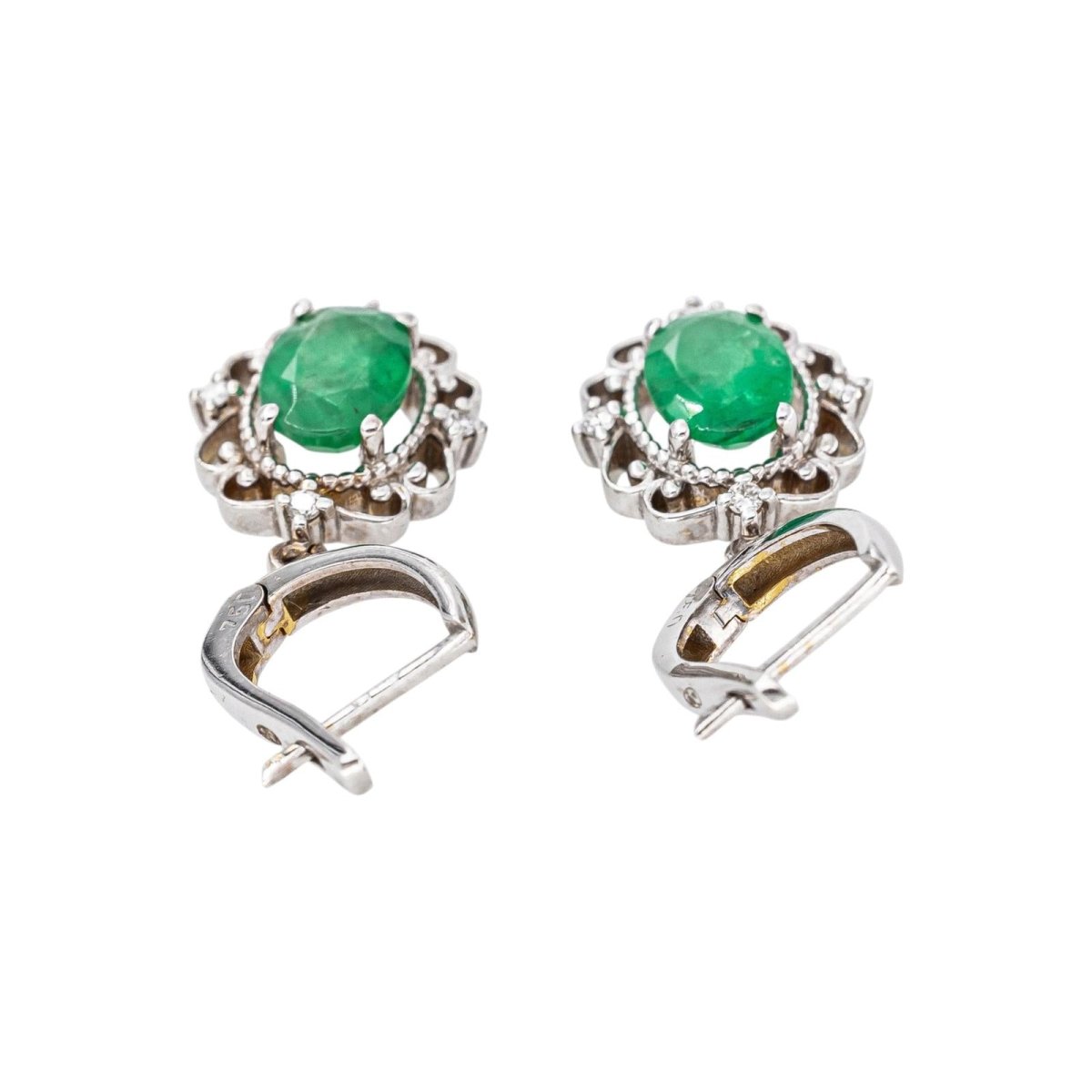 Boucles d'oreilles Dormeuses Or blanc Emeraude - Castafiore