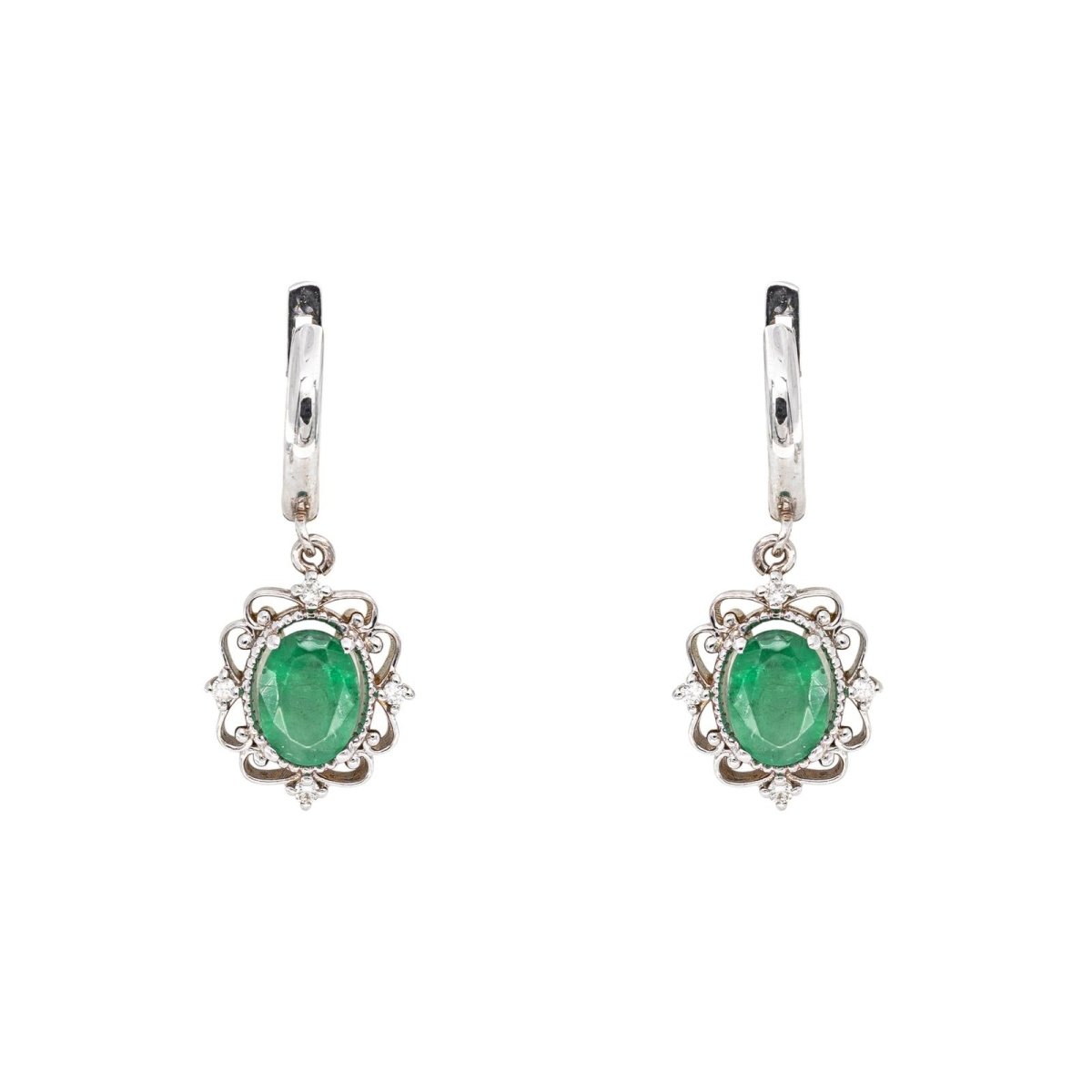 Boucles d'oreilles Dormeuses Or blanc Emeraude - Castafiore