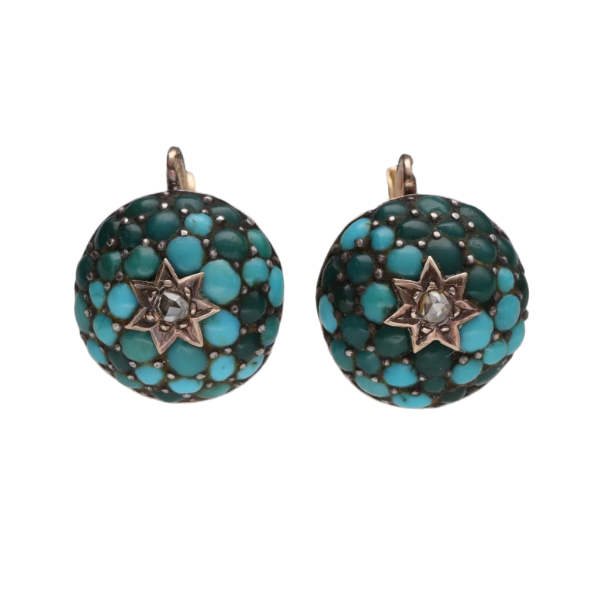 Boucles d'oreilles dormeuses vers 1900 avec turquoises et roses de diamant. - Castafiore