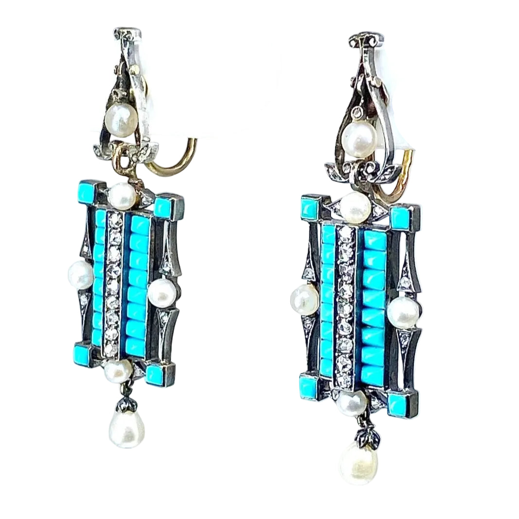 Boucles d’oreilles en or 18 carats et argent, turquoises, diamants, perles fines vers 1880 - Castafiore