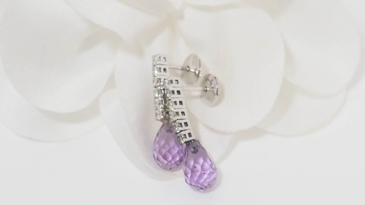 Boucles d'oreilles en or blanc, améthystes et diamants