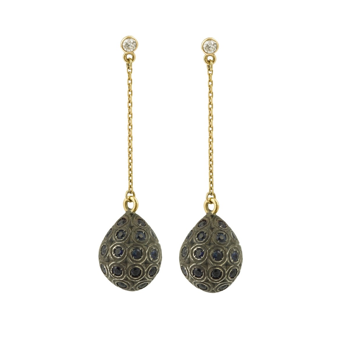 Boucles d’oreilles en or jaune, argent, saphirs et diamant - Castafiore
