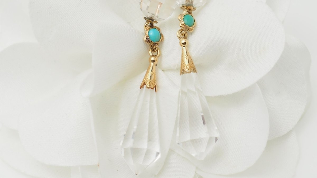 Boucles d'oreilles en or jaune, cristal de roche et turquoise - Castafiore