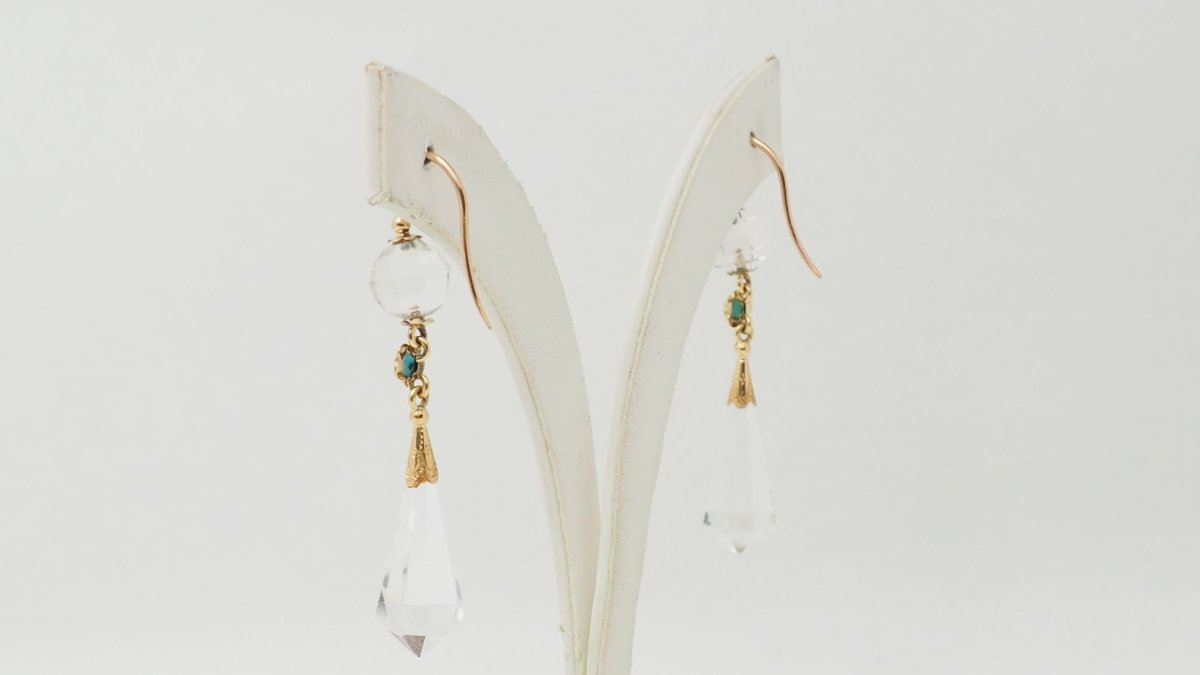 Boucles d'oreilles en or jaune, cristal de roche et turquoise - Castafiore