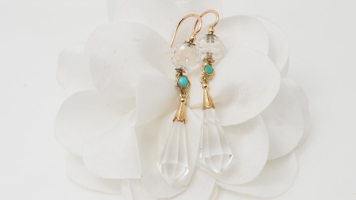 Boucles d'oreilles en or jaune, cristal de roche et turquoise - Castafiore
