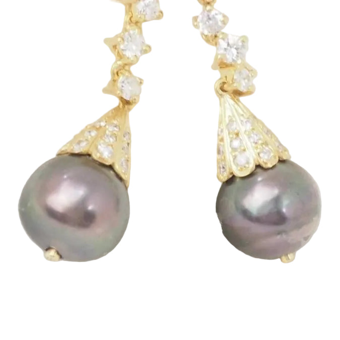 Boucles d'oreilles en or jaune, Diamants et perles de Tahiti - Castafiore
