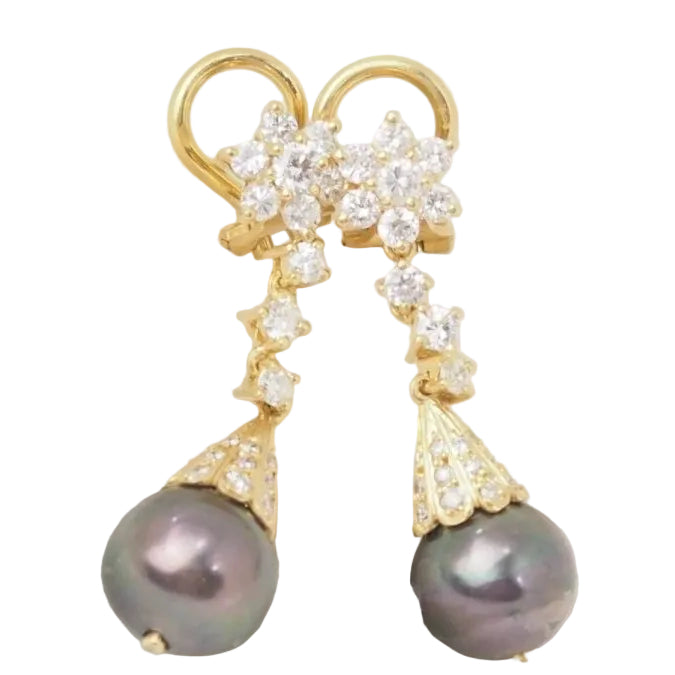 Boucles d'oreilles en or jaune, Diamants et perles de Tahiti - Castafiore