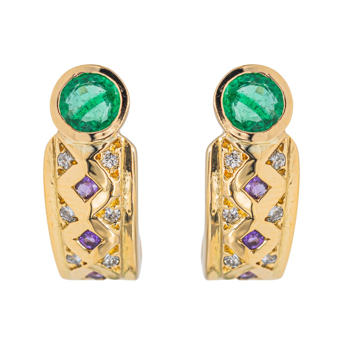 Boucles d'oreilles en Or jaune, émeraude, diamant et améthyste - Castafiore