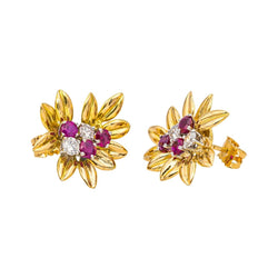 Boucles d'oreilles en or jaune, platine, rubis et diamants - Castafiore
