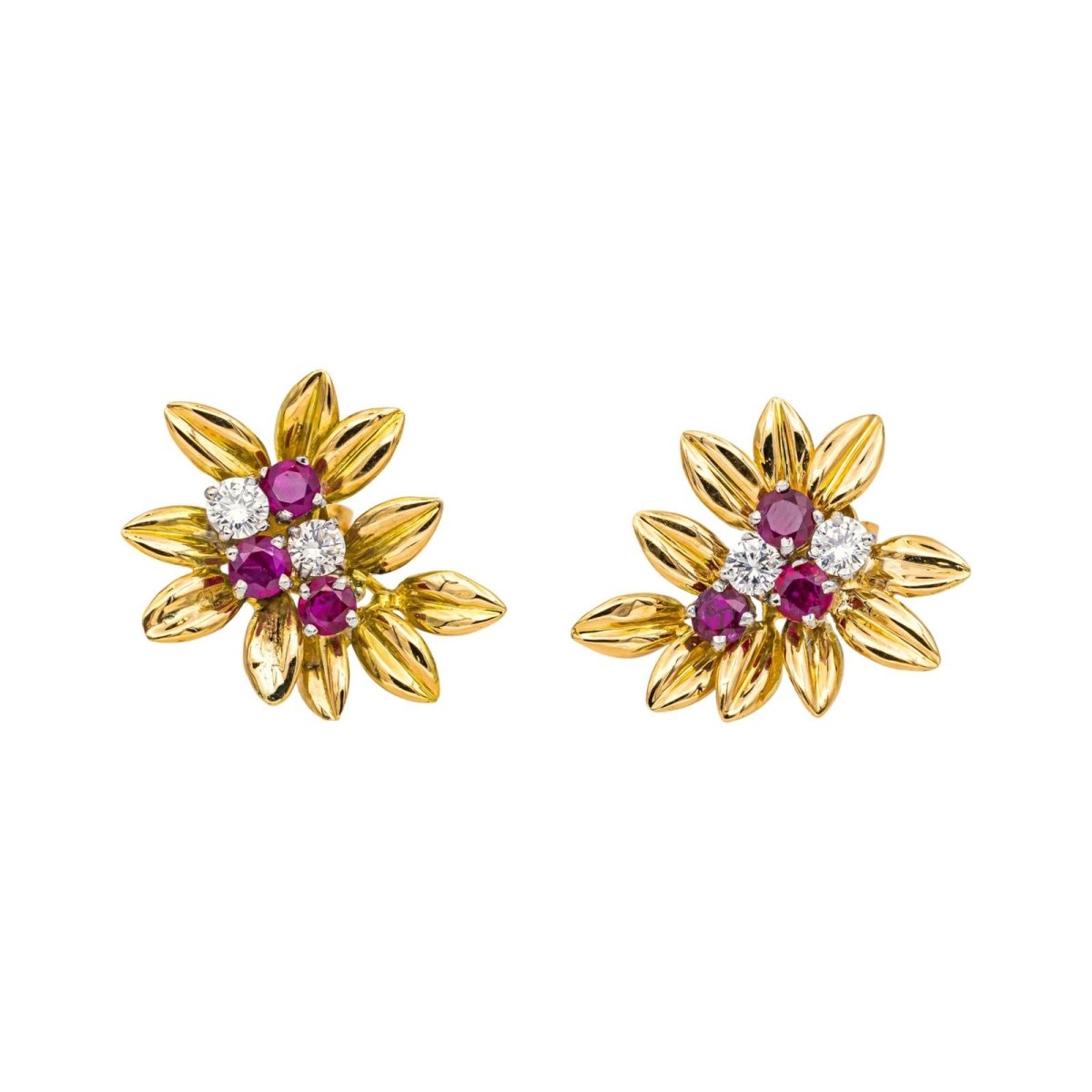 Boucles d'oreilles en or jaune, platine, rubis et diamants - Castafiore