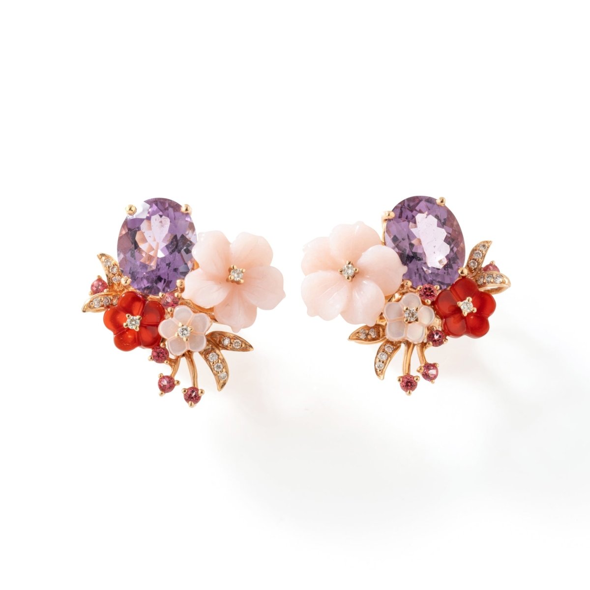 Boucles d'oreilles Fleurs en or jaune, améthyste, cornaline, nacre, quartz et diamants - Castafiore