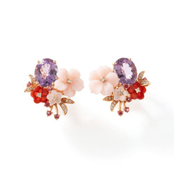 Boucles d'oreilles Fleurs en or jaune, améthyste, cornaline, nacre, quartz et diamants - Castafiore