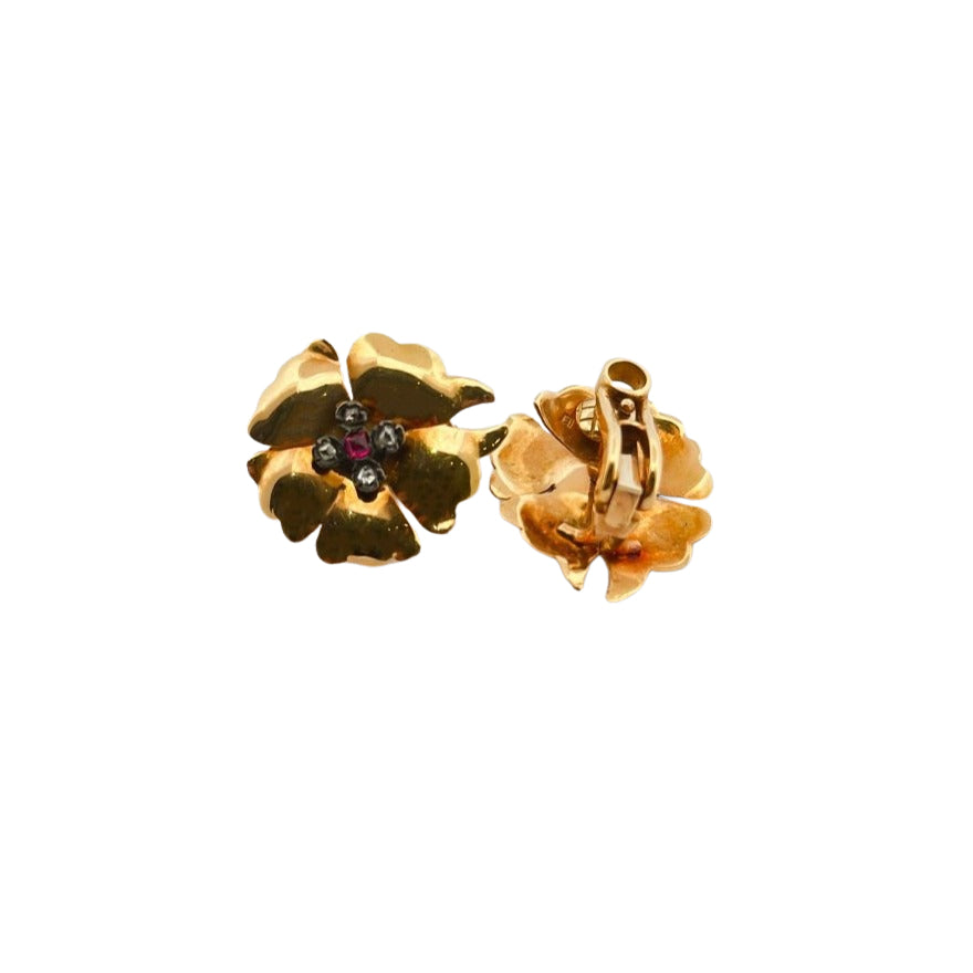 Boucles d'oreilles Fleurs en or jaune, rubis et diamants - Castafiore
