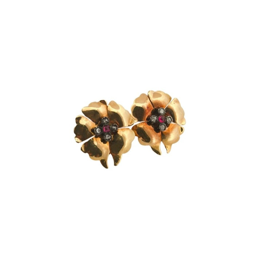 Boucles d'oreilles Fleurs en or jaune, rubis et diamants - Castafiore