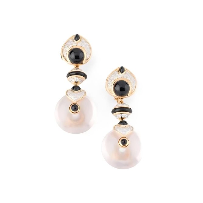 Boucles d'oreilles interchangeables MARINA B en or jaune, quartz rose, onyx et diamants - Castafiore