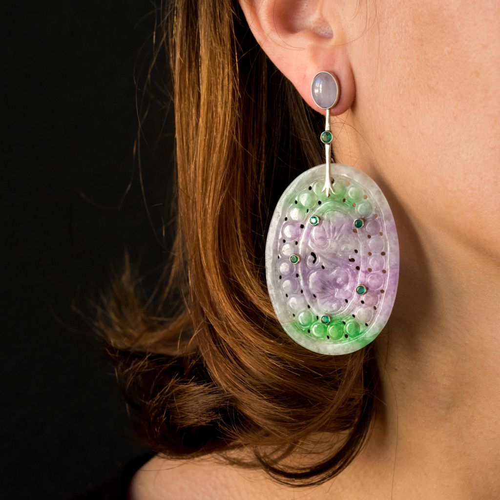 Boucles d'oreilles jades violets et émeraudes - Castafiore