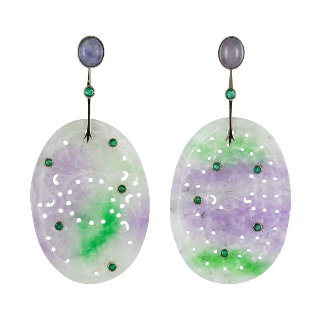 Boucles d'oreilles jades violets et émeraudes - Castafiore