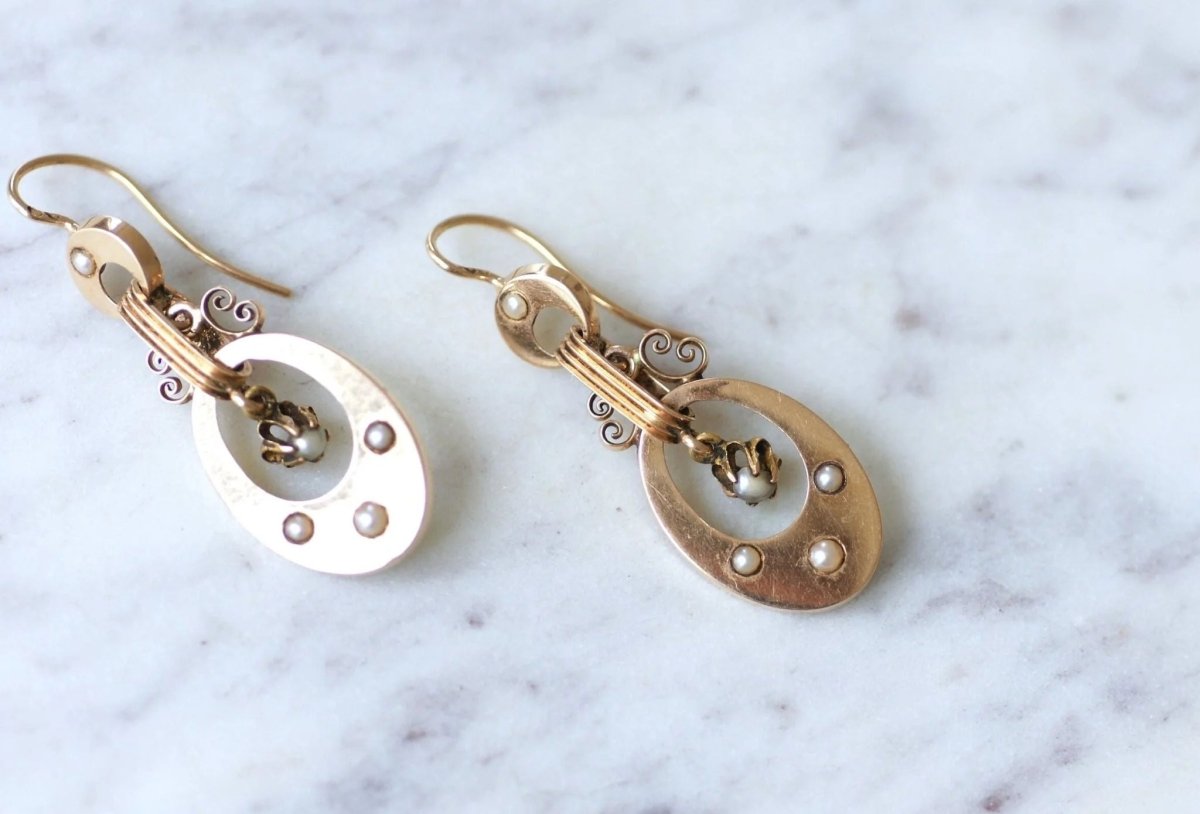 Boucles d'oreilles Napoléon III, or rose et perles - Castafiore