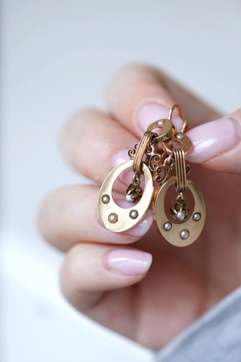 Boucles d'oreilles Napoléon III, or rose et perles - Castafiore