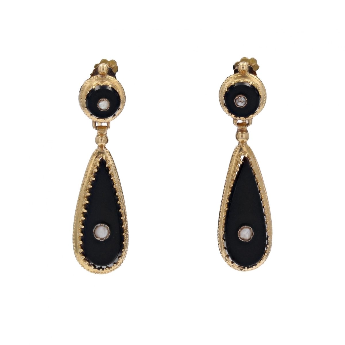 Boucles d'oreilles ONYX Pendants en or jaune et perles fines - Castafiore