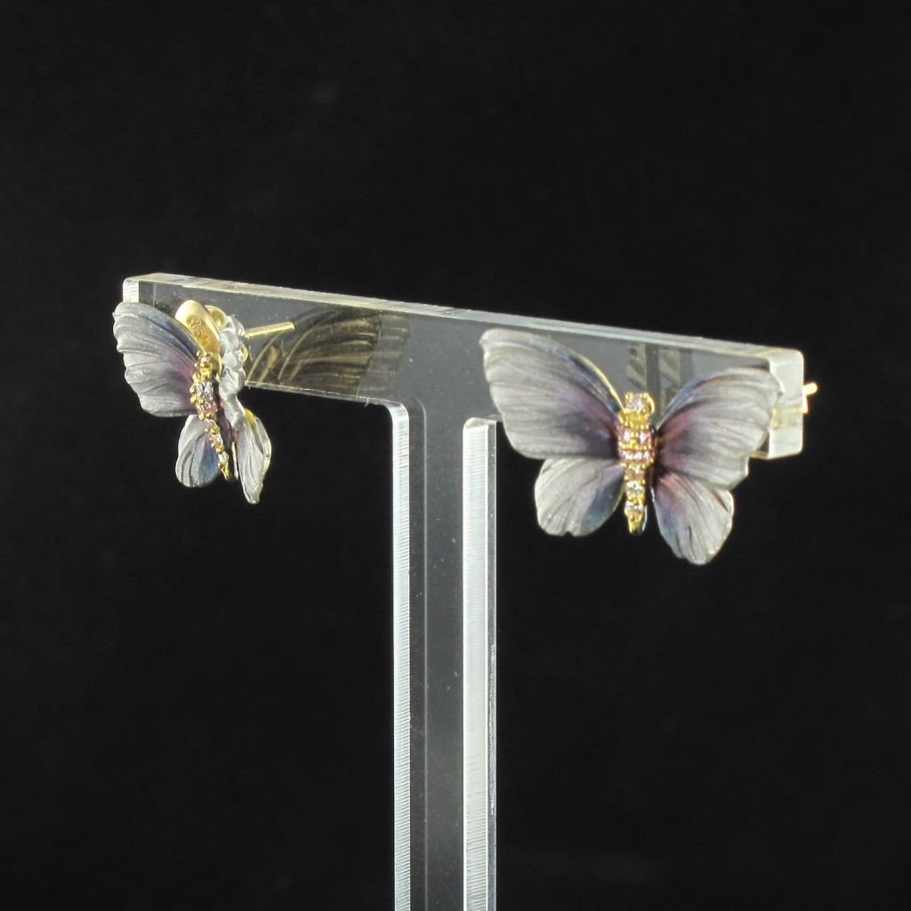 Boucles d'oreilles papillons en or, émail et diamants - Castafiore