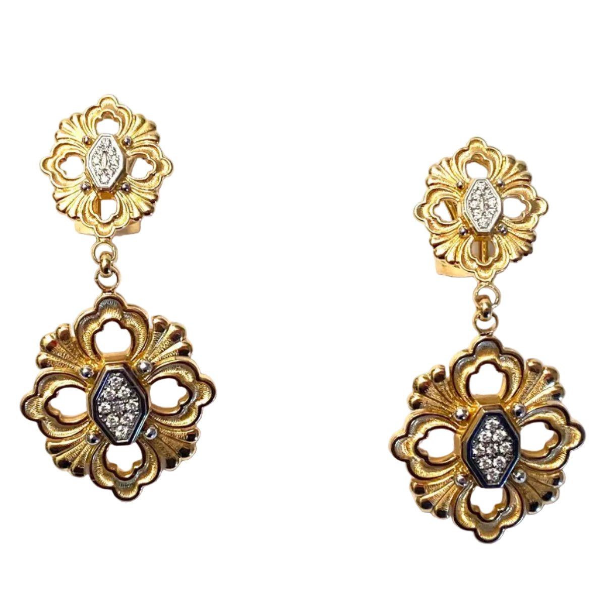 Boucles d'oreilles Pendantes BUCCELLATI "Opéra" en or blanc, or jaune et diamants - Castafiore
