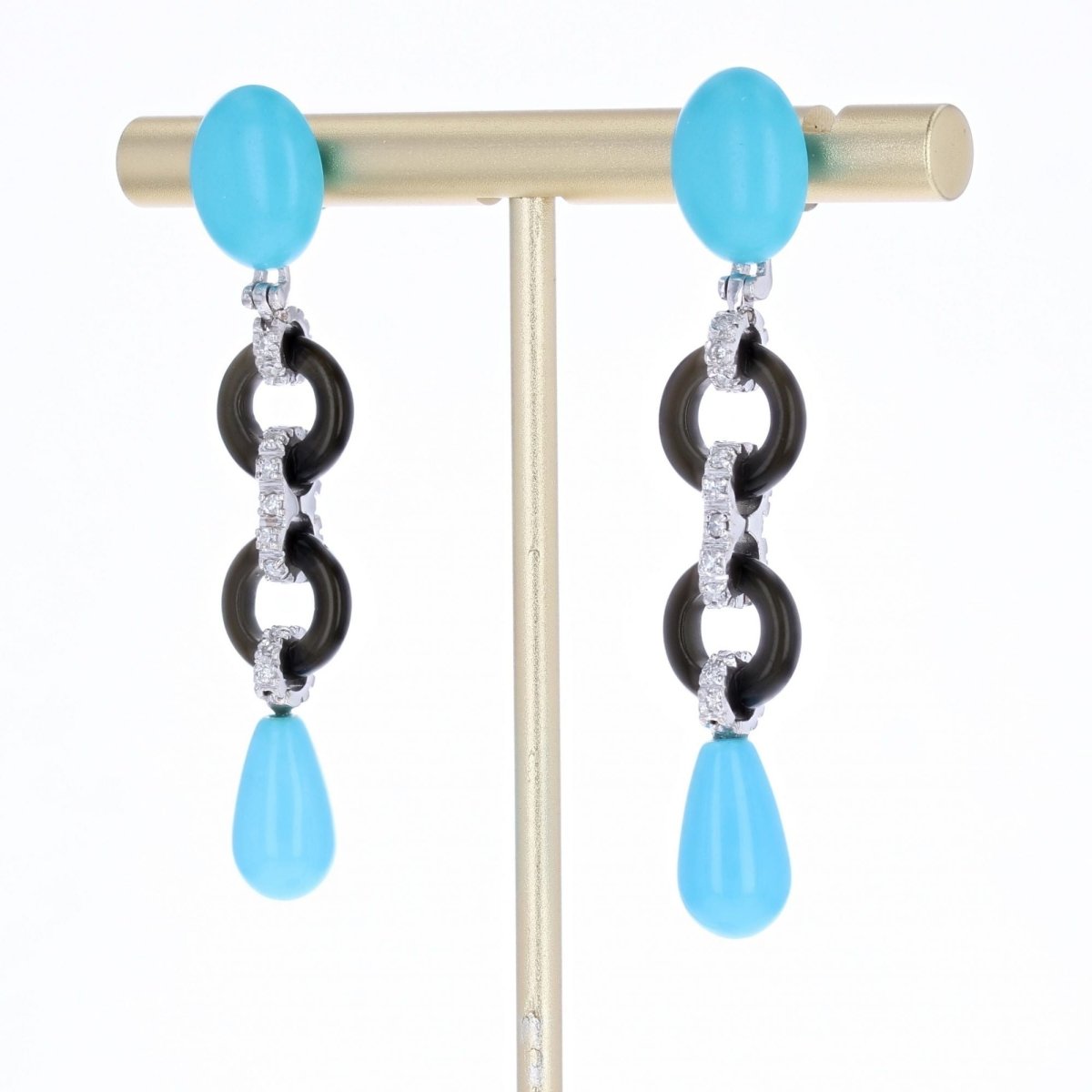 Boucles d'oreilles Pendantes en or blanc, onyx, turquoise et diamants - Castafiore