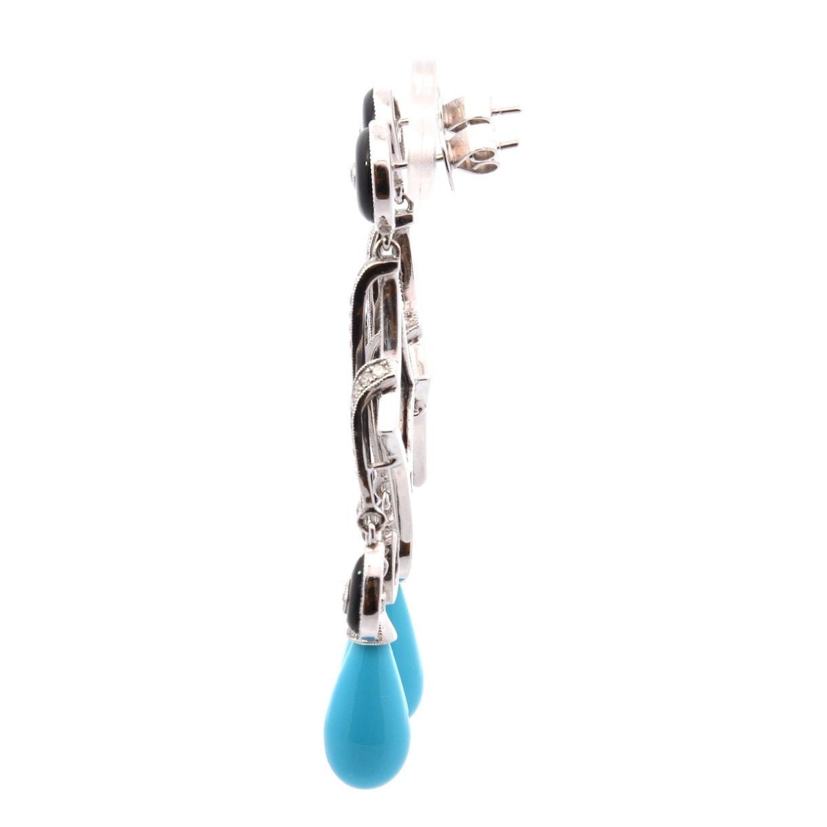 Boucles d'oreilles Pendantes en or blanc, onyx, turquoises et diamants - Castafiore
