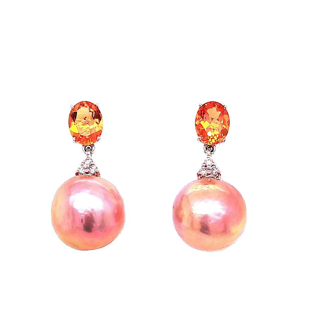 Boucles d'oreilles Pendantes en or blanc, perles, citrines, et diamants - Castafiore