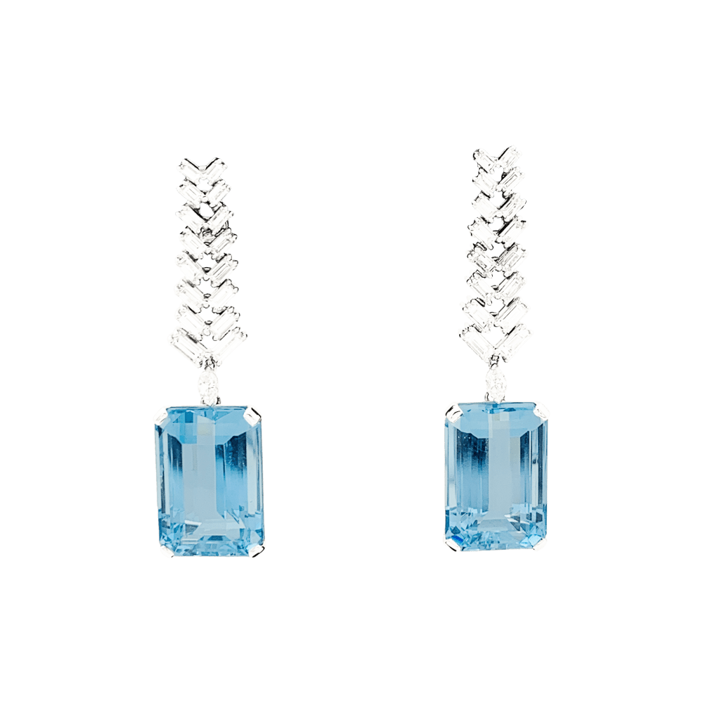 Boucles d'oreilles Pendantes en or blanc, platine, aigue - marine et diamants - Castafiore