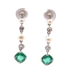 Boucles d'oreilles Pendantes en or blanc, platine, émeraudes, perles et diamants - Castafiore