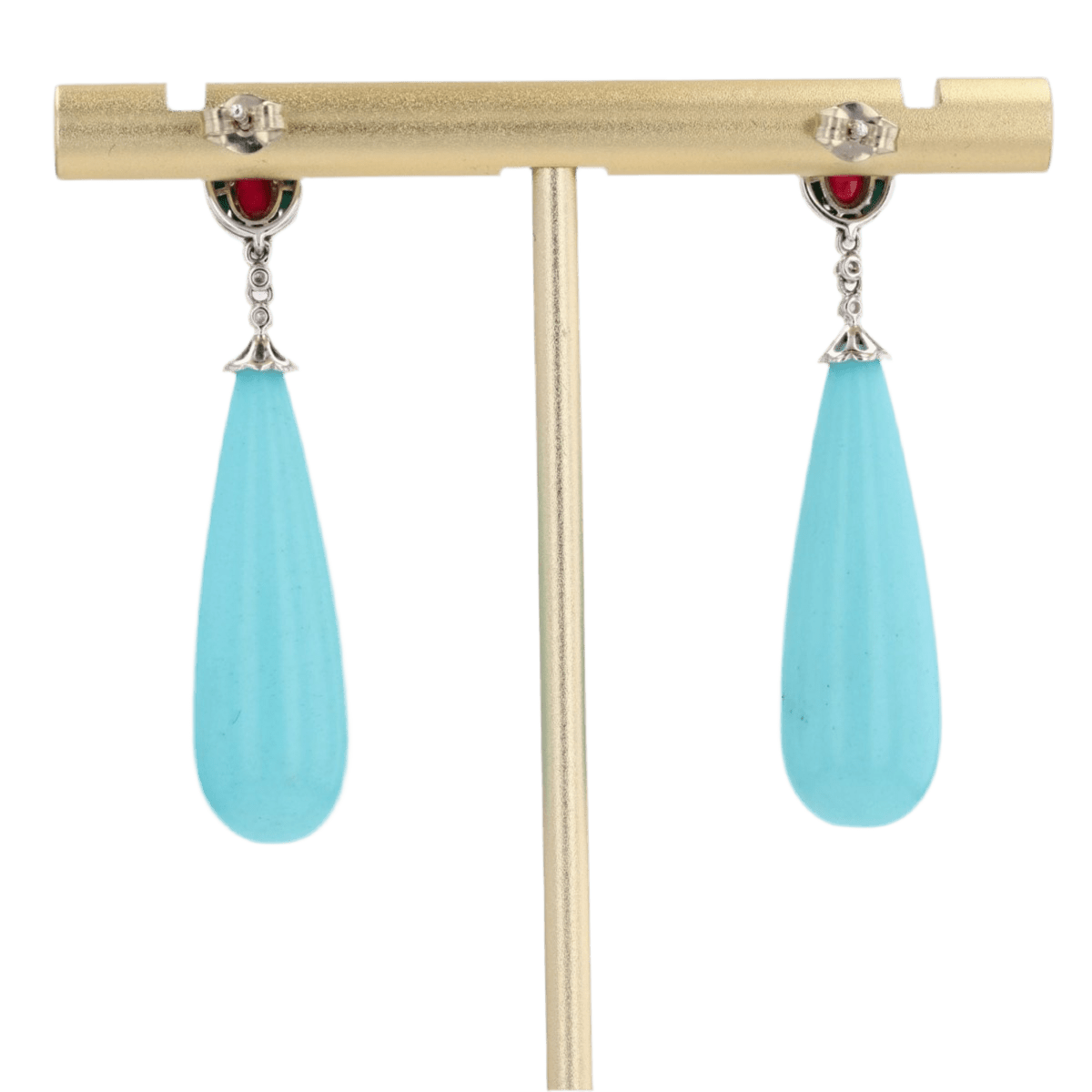 Boucles d'oreilles Pendantes en or blanc, rubis, turquoises et diamants - Castafiore