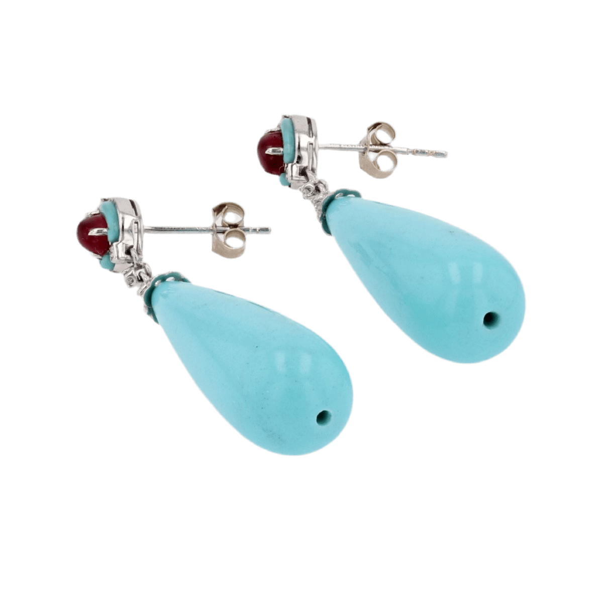 Boucles d'oreilles Pendantes en or blanc, rubis, turquoises et diamants - Castafiore