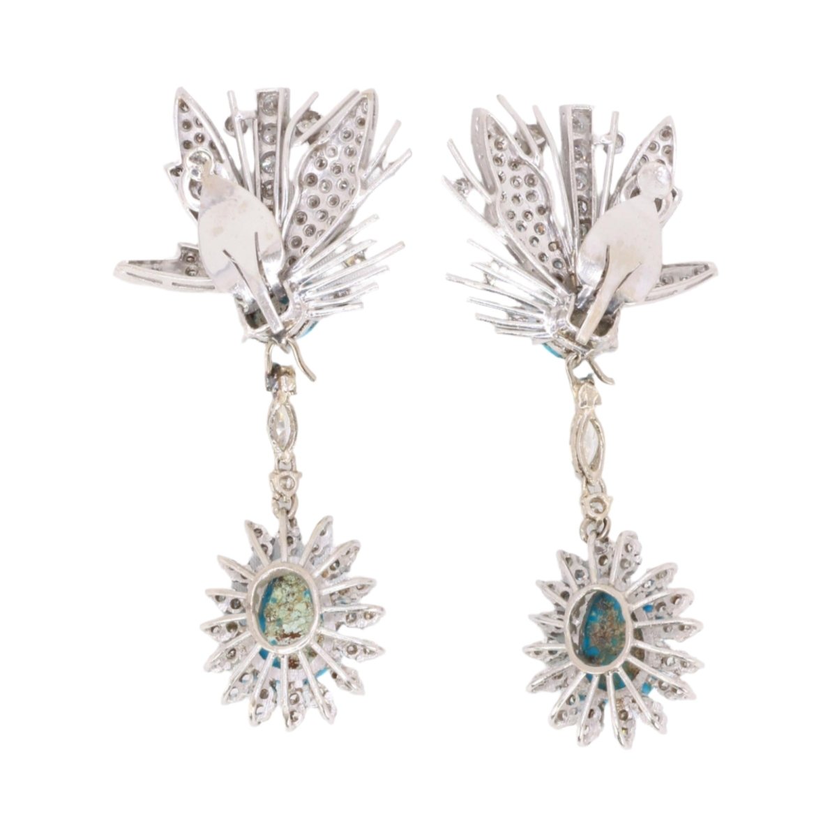 Boucles d'oreilles pendantes en or blanc, turquoises et diamants - Castafiore