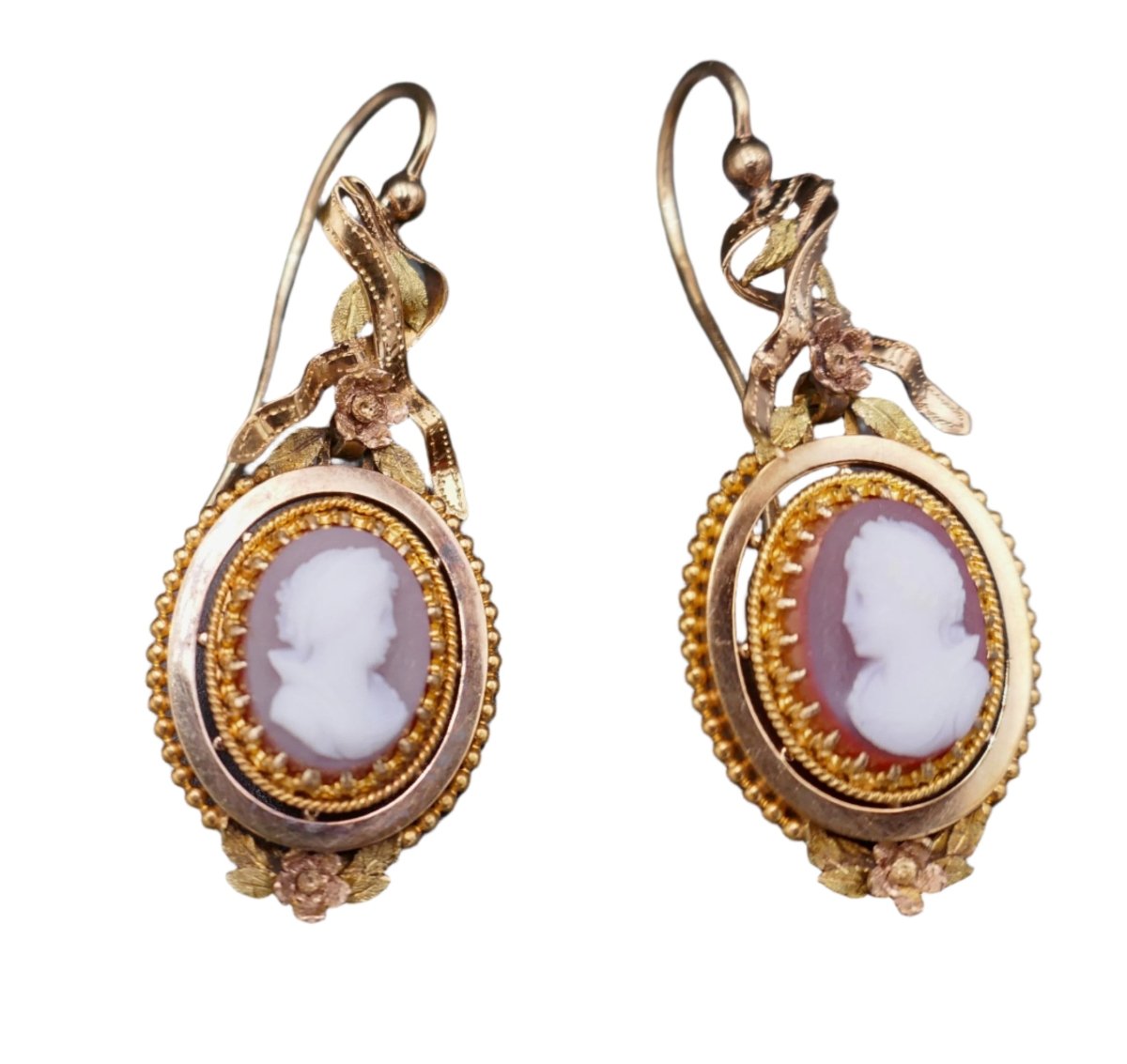 Boucles d'oreilles Pendantes en or jaune, camée et agate - Castafiore