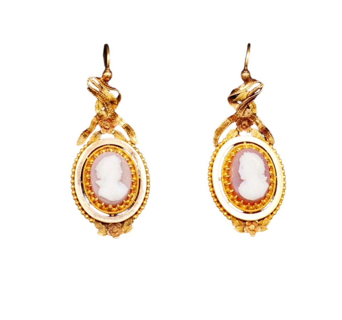 Boucles d'oreilles Pendantes en or jaune, camée et agate - Castafiore