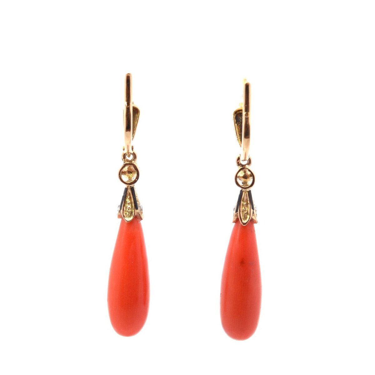 Boucles d'oreilles Pendantes en or jaune, corail et diamants - Castafiore