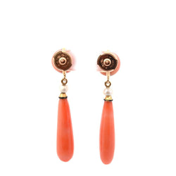 Boucles d'oreilles Pendantes en or jaune, corail et perles - Castafiore