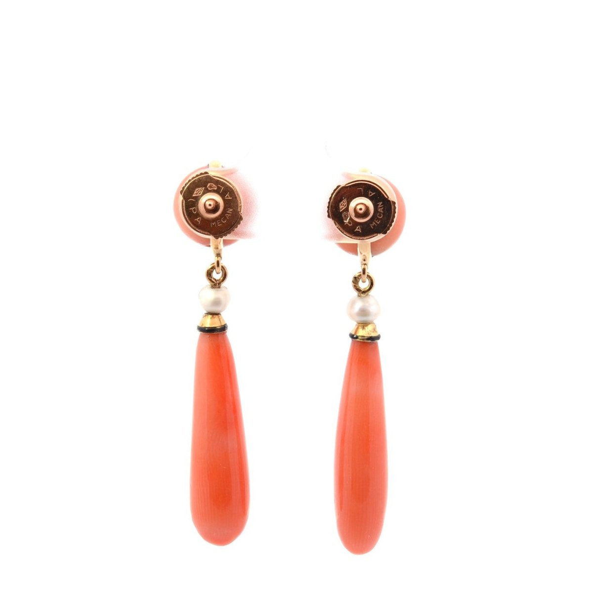 Boucles d'oreilles Pendantes en or jaune, corail et perles - Castafiore