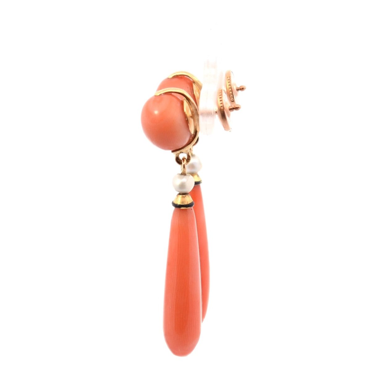Boucles d'oreilles Pendantes en or jaune, corail et perles - Castafiore