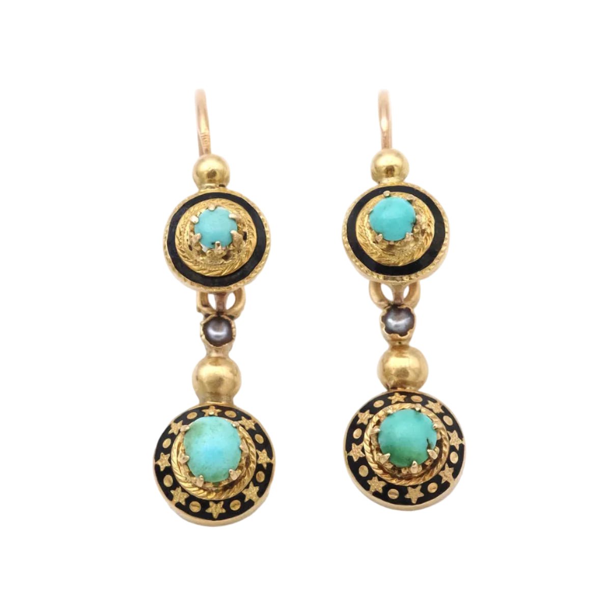 Boucles d'oreilles Pendantes en or jaune, émail, turquoises et perles - Castafiore