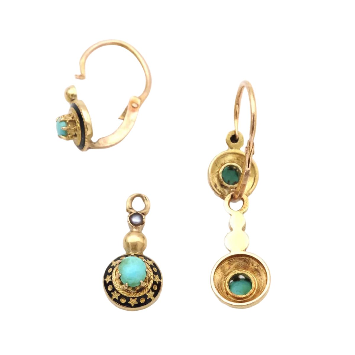 Boucles d'oreilles Pendantes en or jaune, émail, turquoises et perles - Castafiore