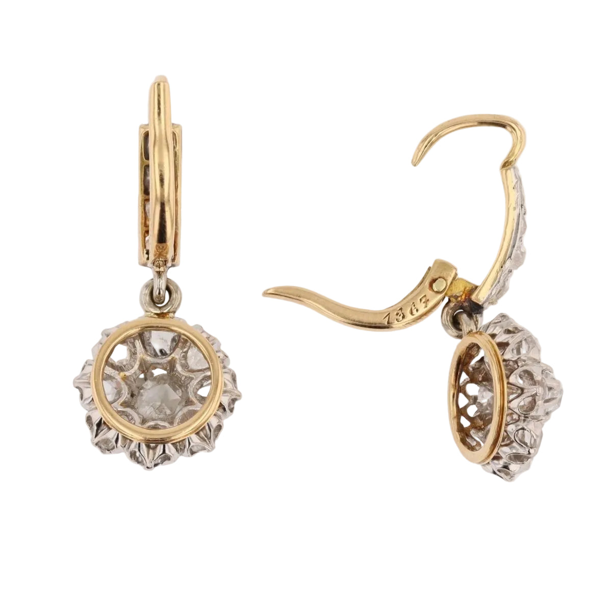Boucles d'oreilles pendantes en or jaune et platine avec diamants - Castafiore