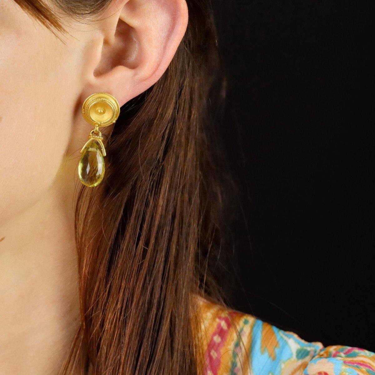 Boucles d'oreilles pendantes en or jaune et quartz lemon - Castafiore
