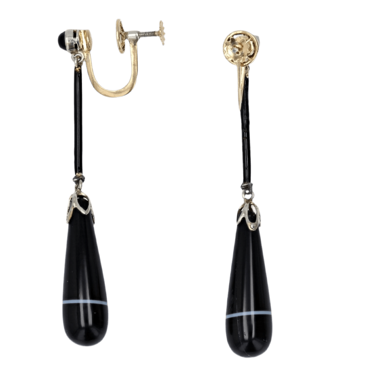 Boucles d'oreilles Pendantes en or jaune, onyx et agate - Castafiore