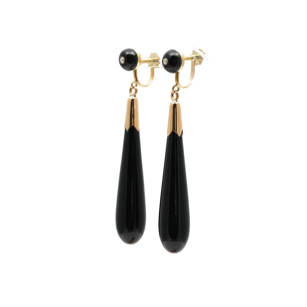 Boucles d'oreilles Pendantes en or jaune, onyx et perles - Castafiore