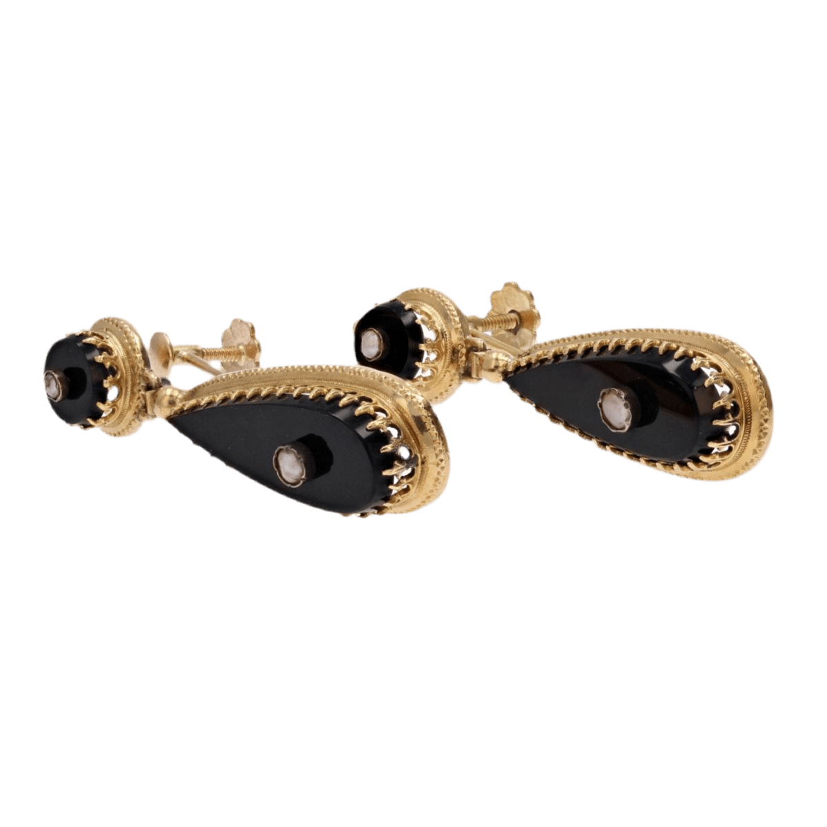 Boucles d'oreilles Pendantes en or jaune, onyx et perles - Castafiore