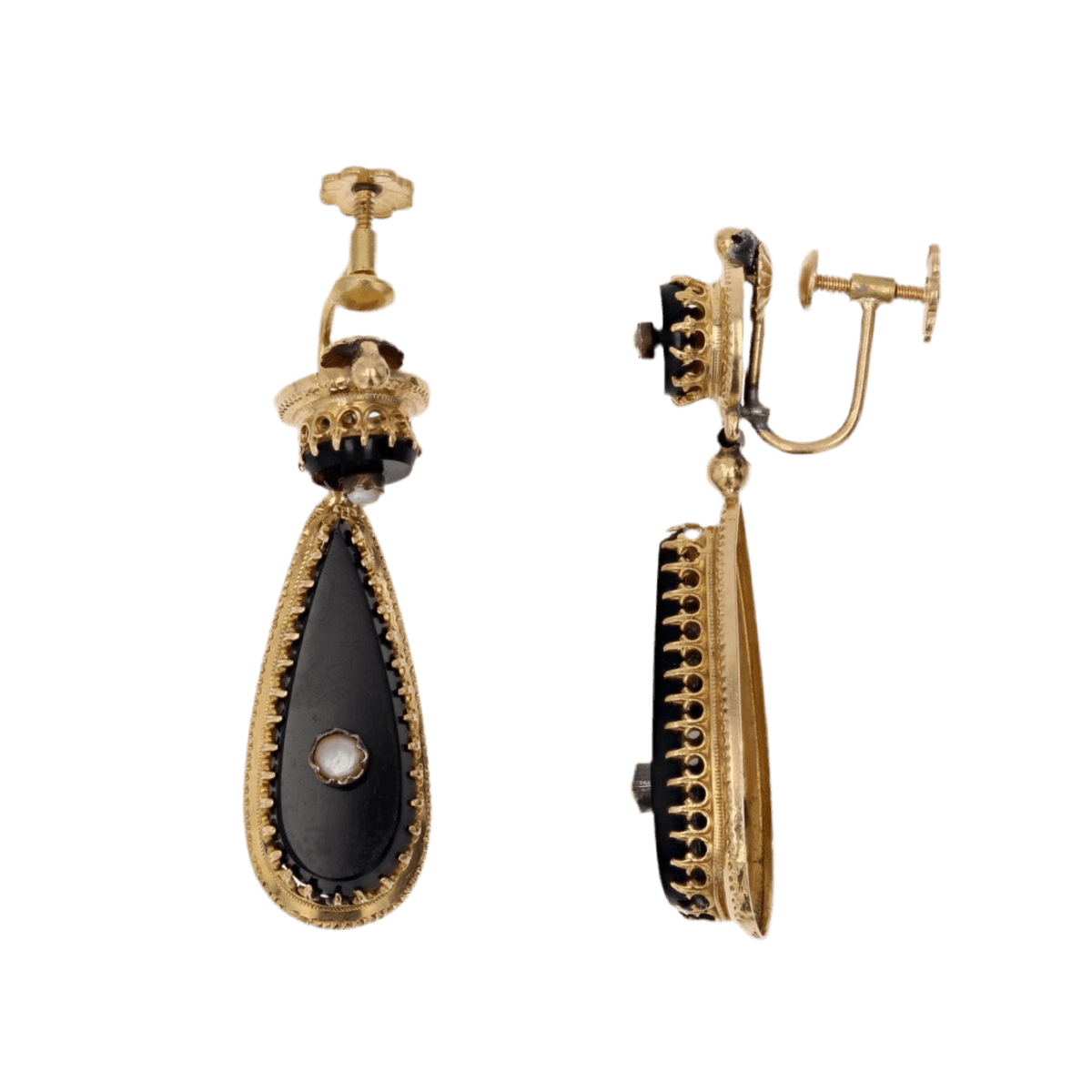 Boucles d'oreilles Pendantes en or jaune, onyx et perles - Castafiore